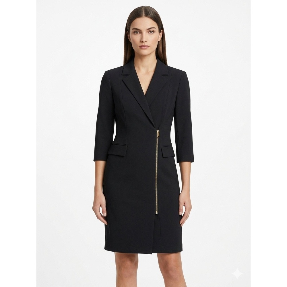Calvin Klein Sheath Dress Black Asymmetrical Gold Zip Blazer Style - Size 4/6